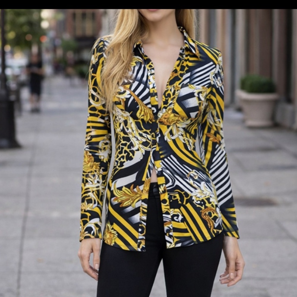 Long Sleeve Black and Yellow Shirt or Mini Dress